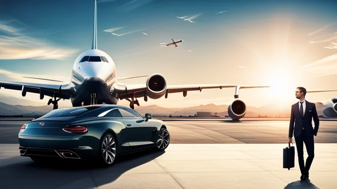 A high-end car parked in front of a bustling airport. The car should be a sleek and luxurious model, with a polished exterior finish and a prominent logo. In the background, there should be airplanes and a crowd of people arriving or leaving the airport, with bustling energy and excitement. Use a high-contrast editing style with a slight blur to emphasize the car and create a sense of movement and speed.The center of the image should be clean